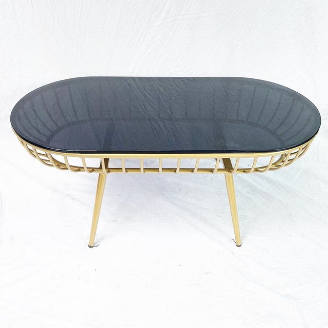 Bàn sofa oval mặt kính khung tròn màu vàng đồng TT164