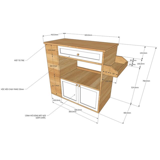 Kệ bếp di động mặt gỗ tre (80x40x80cm) KB68021