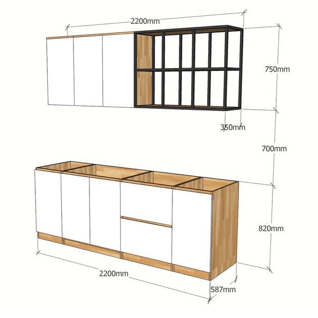 Bộ hệ tủ bếp gỗ cao su kết hợp kệ khung sắt (không bao gồm mặt đá và bồn rửa) HDTB001