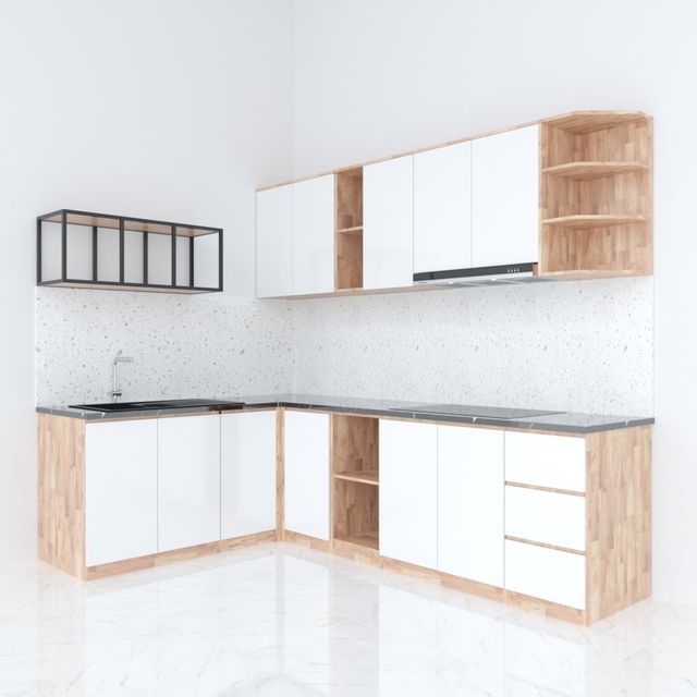 Hệ tủ bếp chữ L gỗ cao su chống ẩm ( không bao gồm mặt đá và bồn rửa) HDTB004