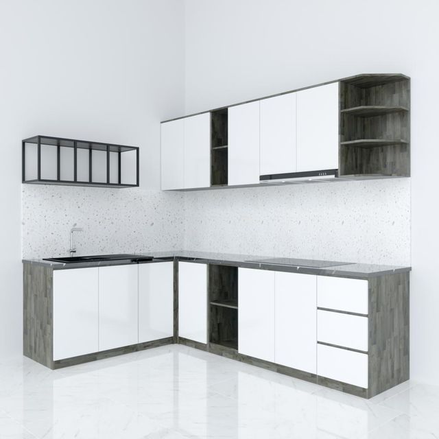 Hệ tủ bếp chữ L gỗ cao su chống ẩm ( không bao gồm mặt đá và bồn rửa) HDTB004