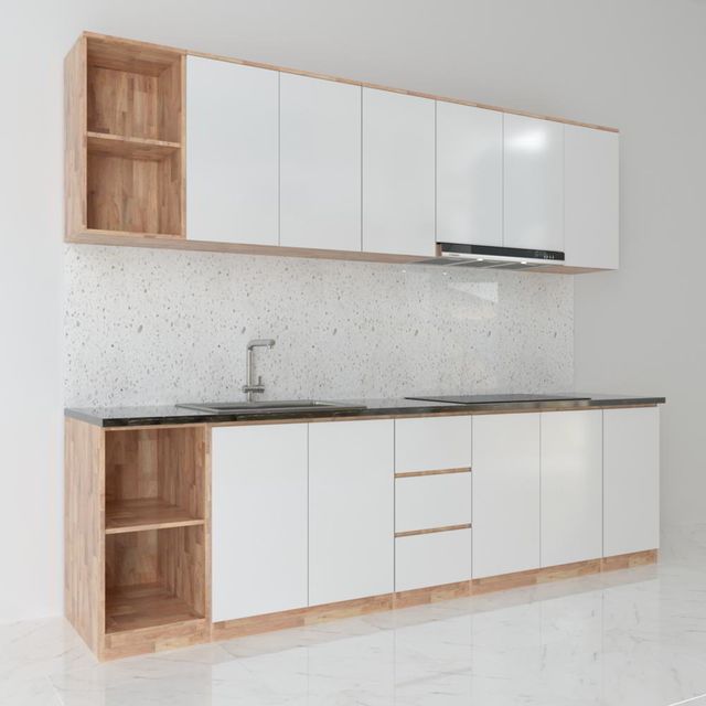 Hệ tủ bếp hiện đại gỗ cao su ( không bao gồm mặt đá và bồn rửa) HDTB003