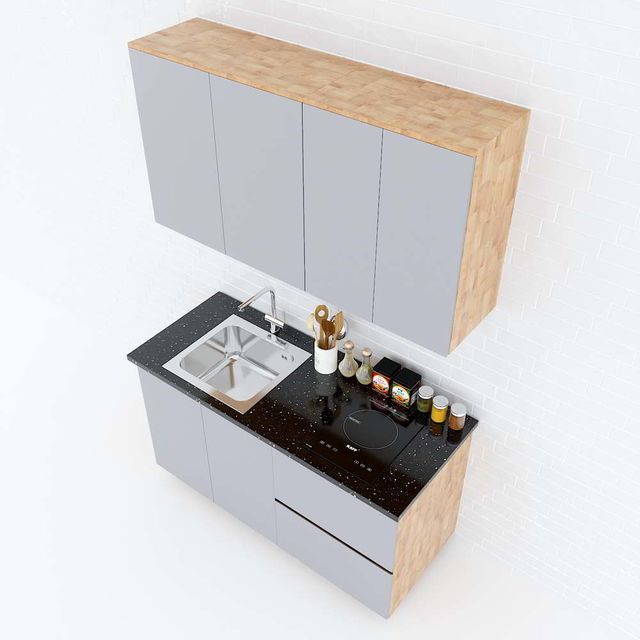 Hệ tủ bếp mini 1m4 hiện đại gỗ cao su chống ẩm HDBTB68013