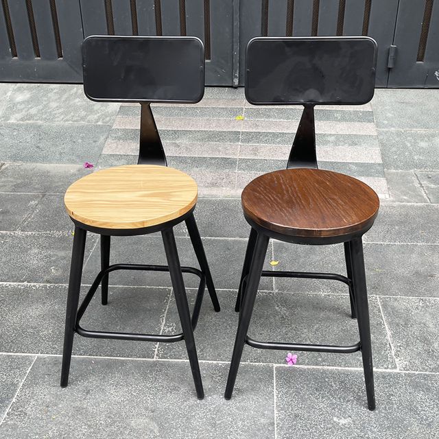 Ghế Cafe chân sắt có tựa lưng mặt gỗ tròn GCF081