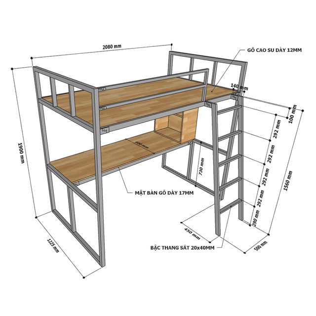 Giường tầng kết hợp bàn làm việc gỗ cao su khung sắt GT008