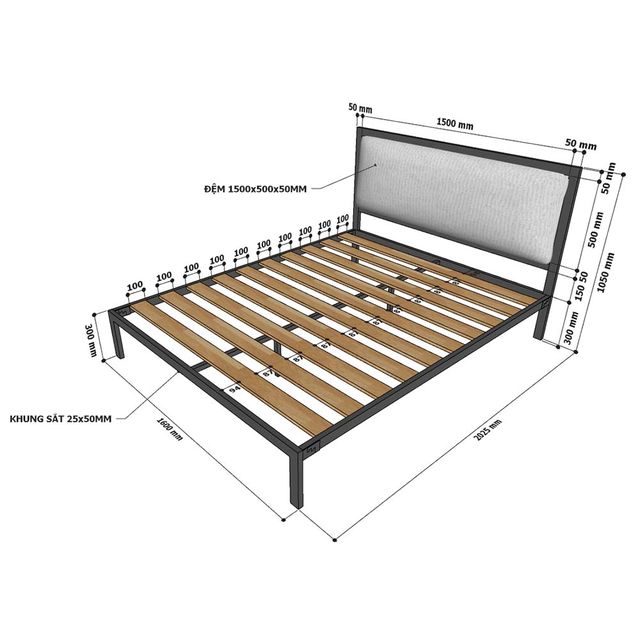 Giường ngủ đôi 160x200cm gỗ cao su khung sắt GN68039