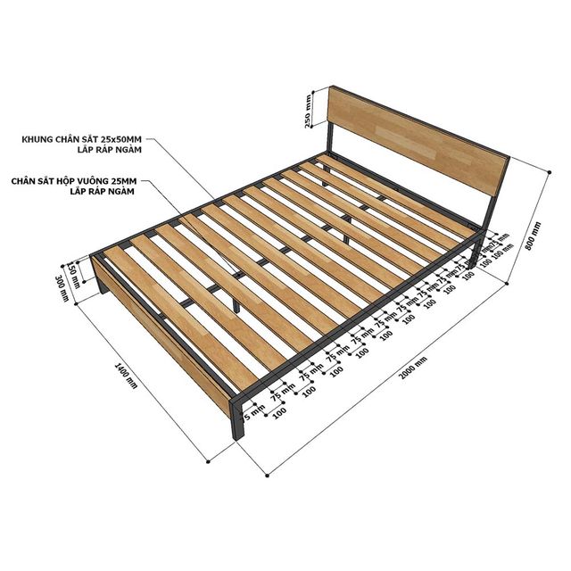 Giường ngủ 140x200cm gỗ cao su khung sắt GN68036