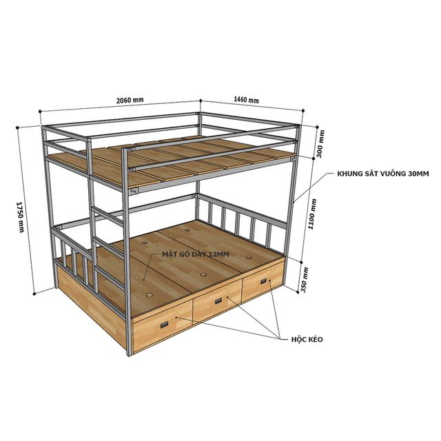 Giường tầng 140x200cm kết hợp hộc tủ gỗ cao su tự nhiên GT007