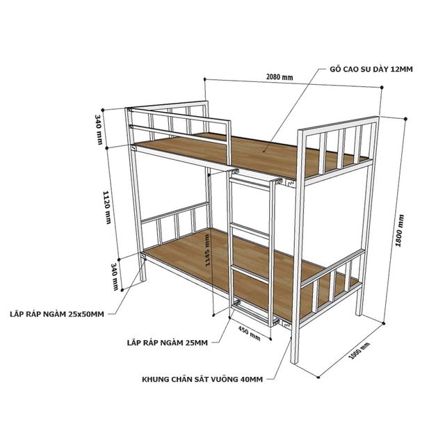 Giường tầng GEKO gỗ cao su tự nhiên khung sắt GT005