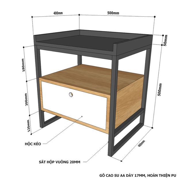 Tủ đầu giường khung sắt gỗ cao su TDG68030