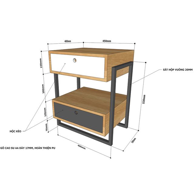 Tủ đầu giường 2 ngăn kéo gỗ cao su 45x40x59cm TDG68033